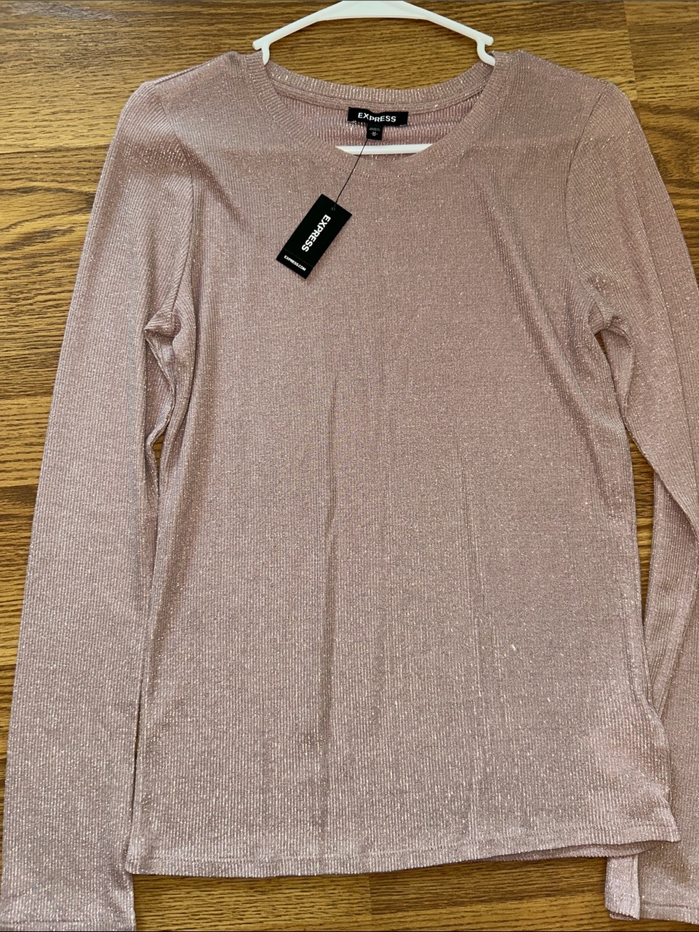 Express Metallic Blush Long-Sleeve Crew Neck Top